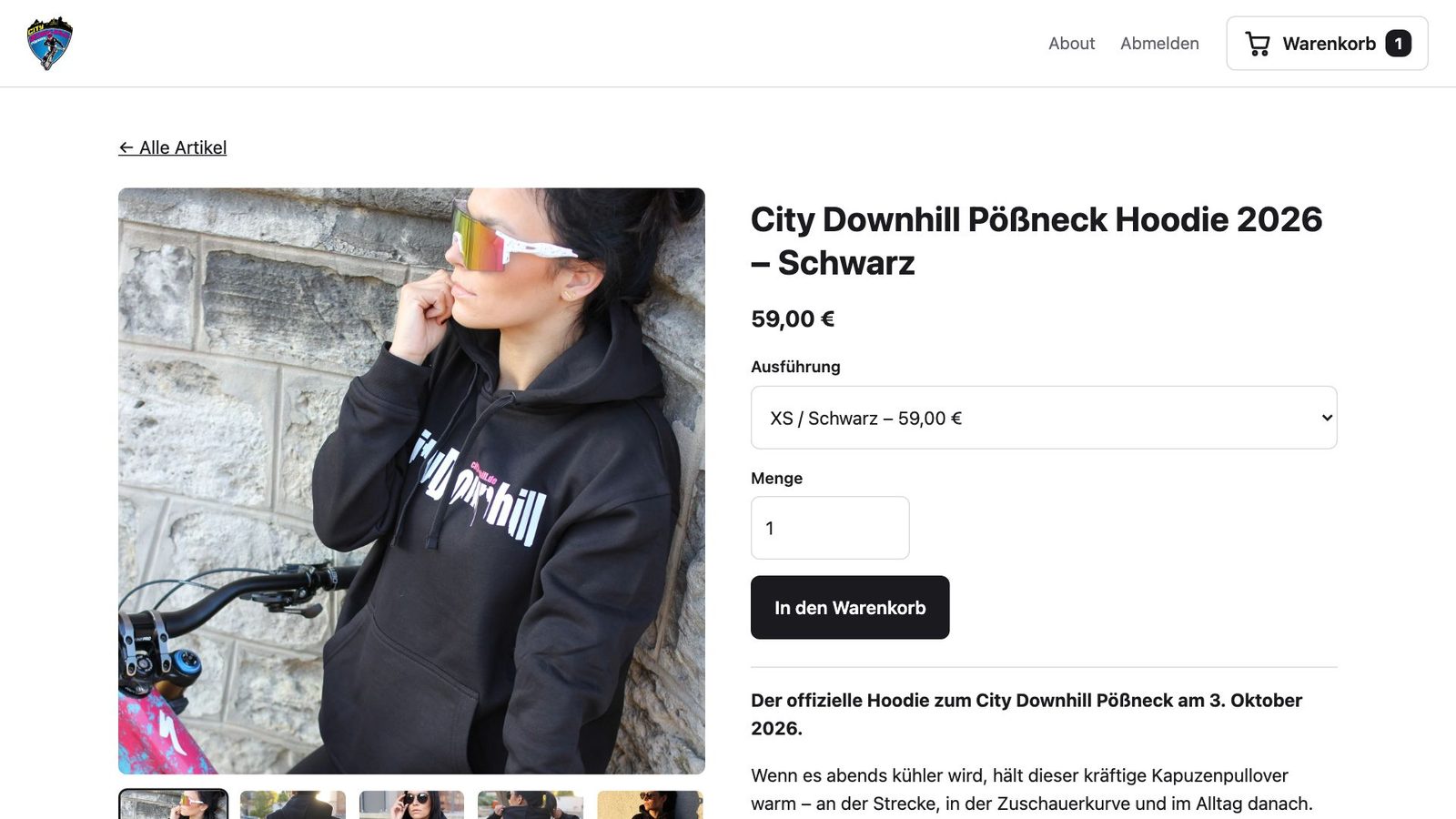 Artikelseite des City-Downhill-Hoodies am Desktop mit Größenauswahl