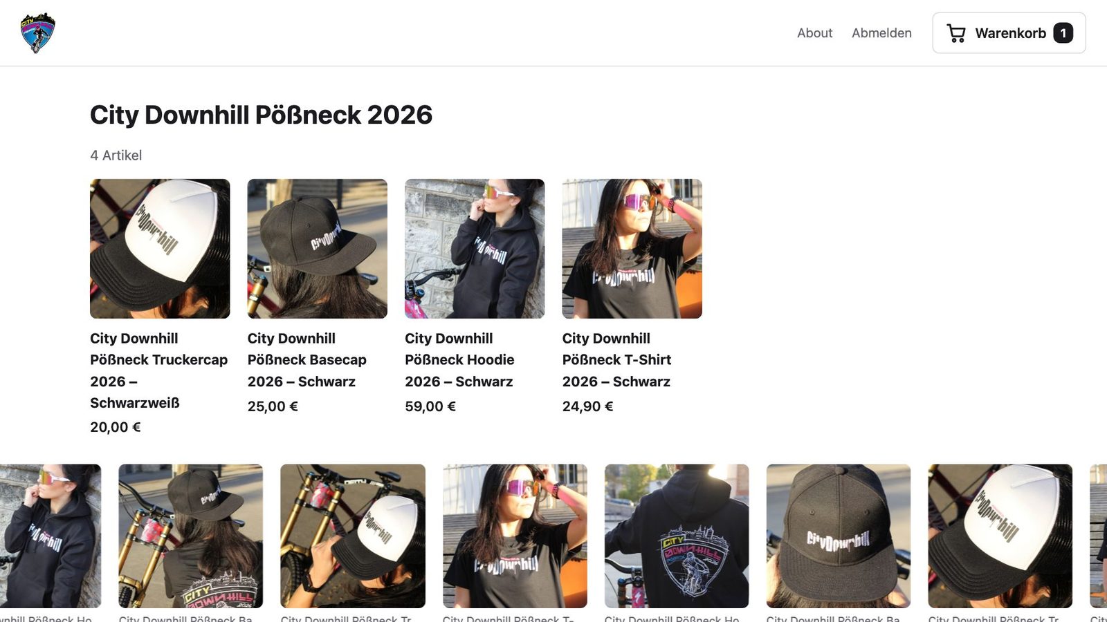 Startseite des City-Downhill-Partnershops am Desktop mit vier Artikeln